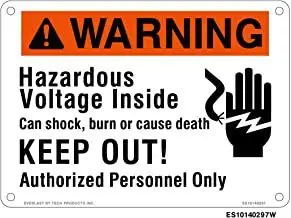 Everlast Sign, 10x14 in, Warning Hazardous volt Keep out w/hand pict bk/w/o